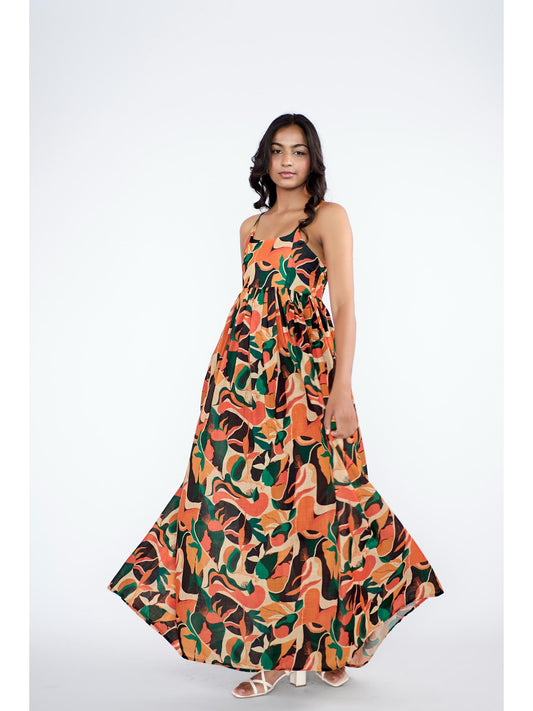 A flowy full-length spaghetti strap maxi dress