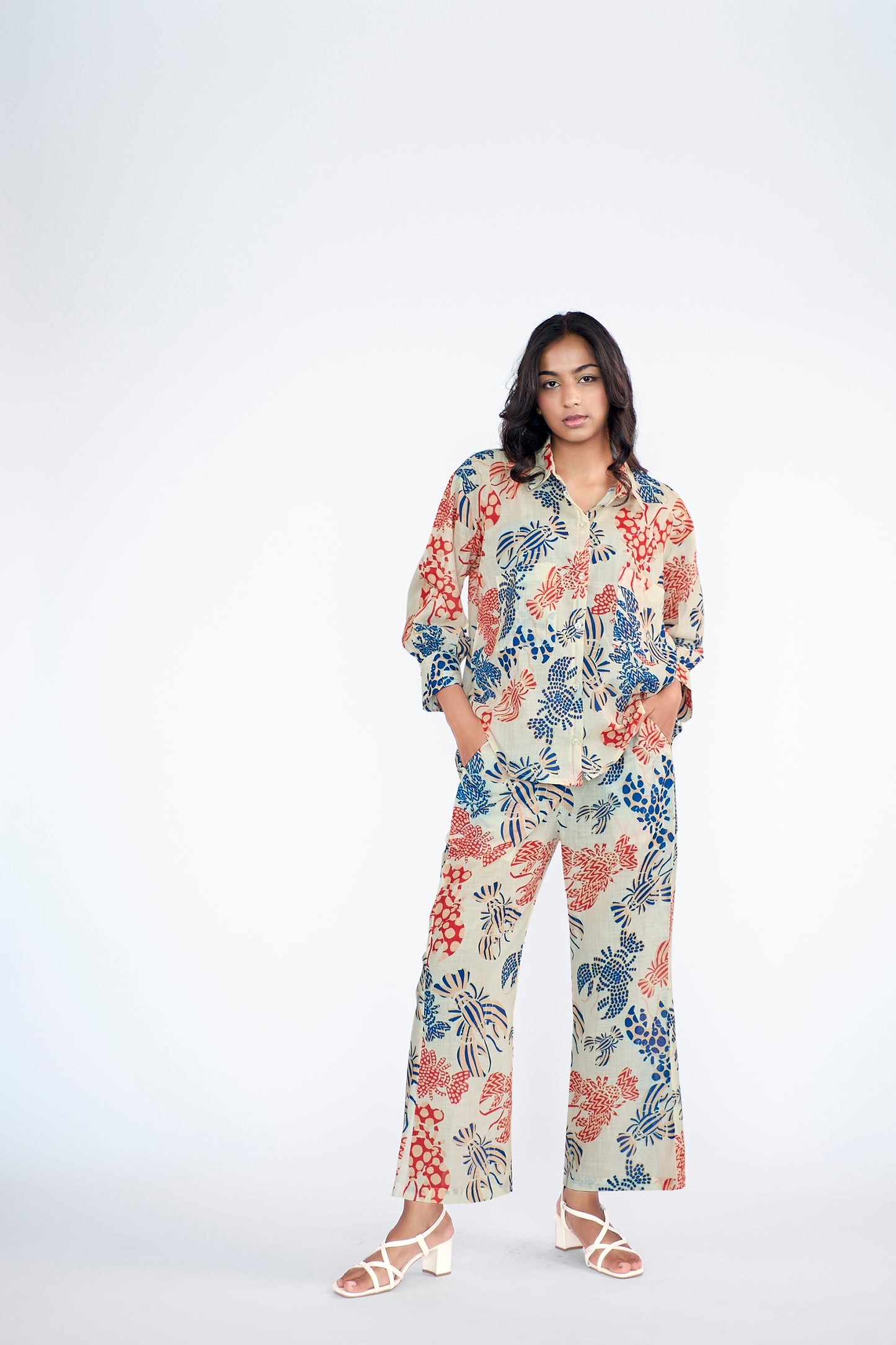 Fun printed elasticated slip-on bell bottom pants , paired with shirt