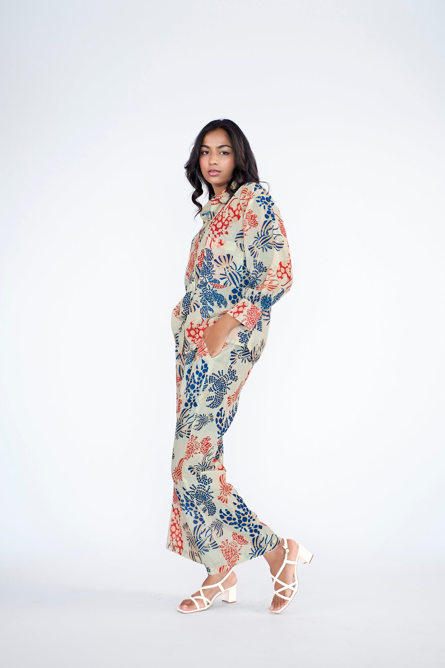 Fun printed elasticated slip-on bell bottom pants , paired with shirt