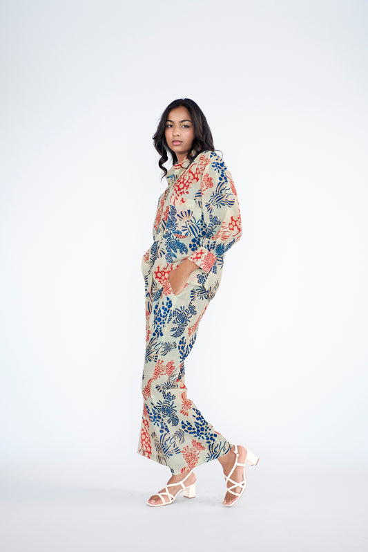 Fun printed elasticated slip-on bell bottom pants , paired with shirt