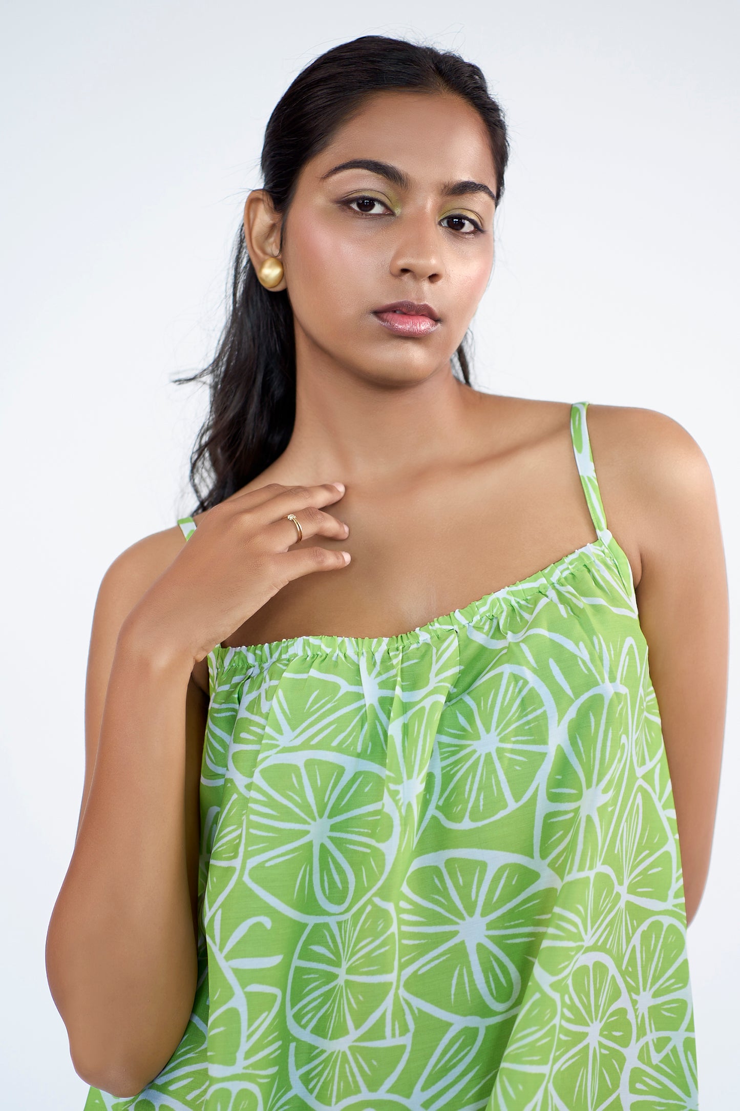 Lemon printed spaghetti long dress