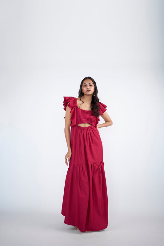 A luxurious flared tiered maxi dress