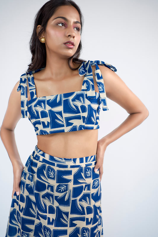 Abstract printed shoulder tie strings top with slip on skirt