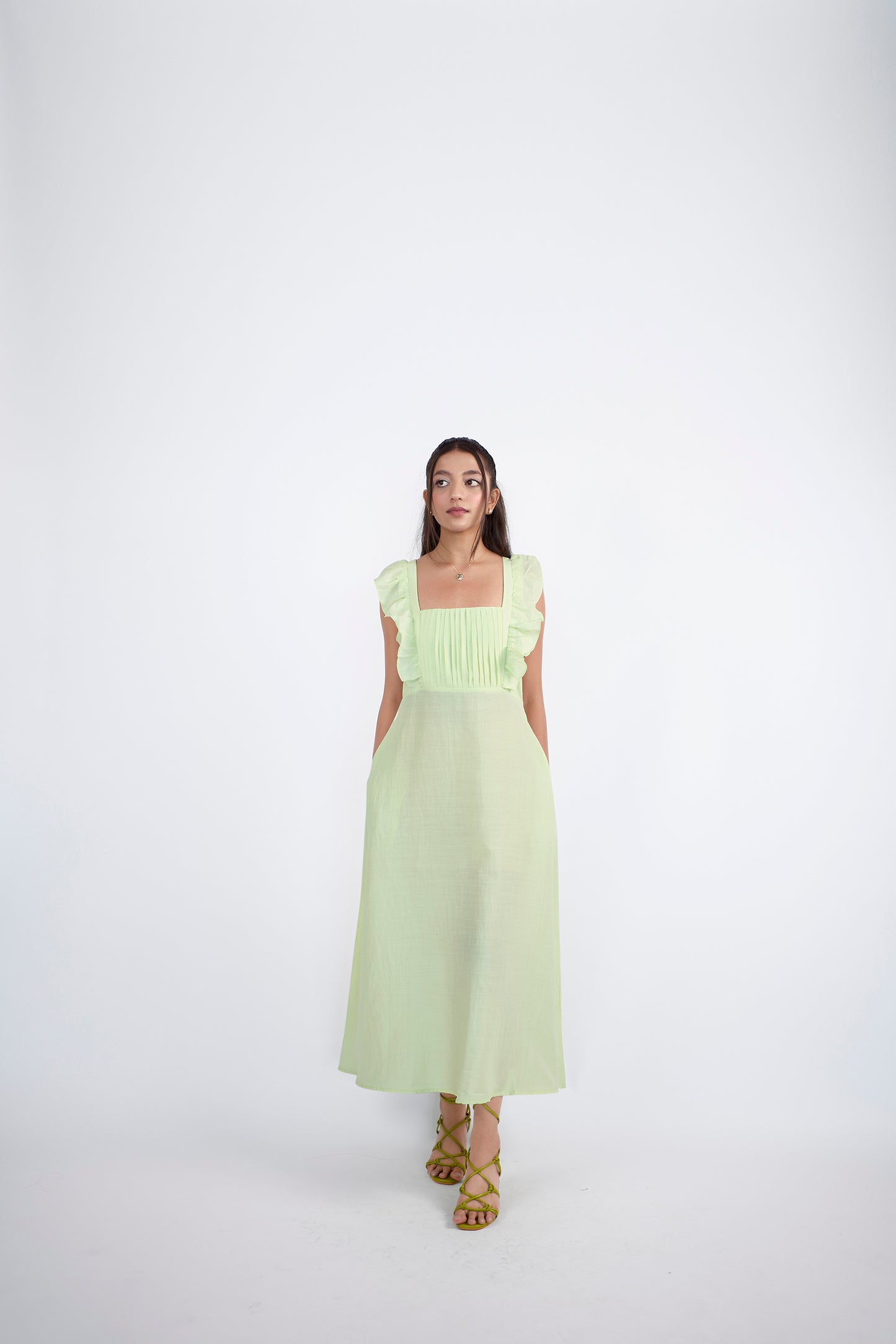 Lemon green square neck midi dress