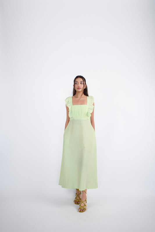 Lemon green square neck midi dress