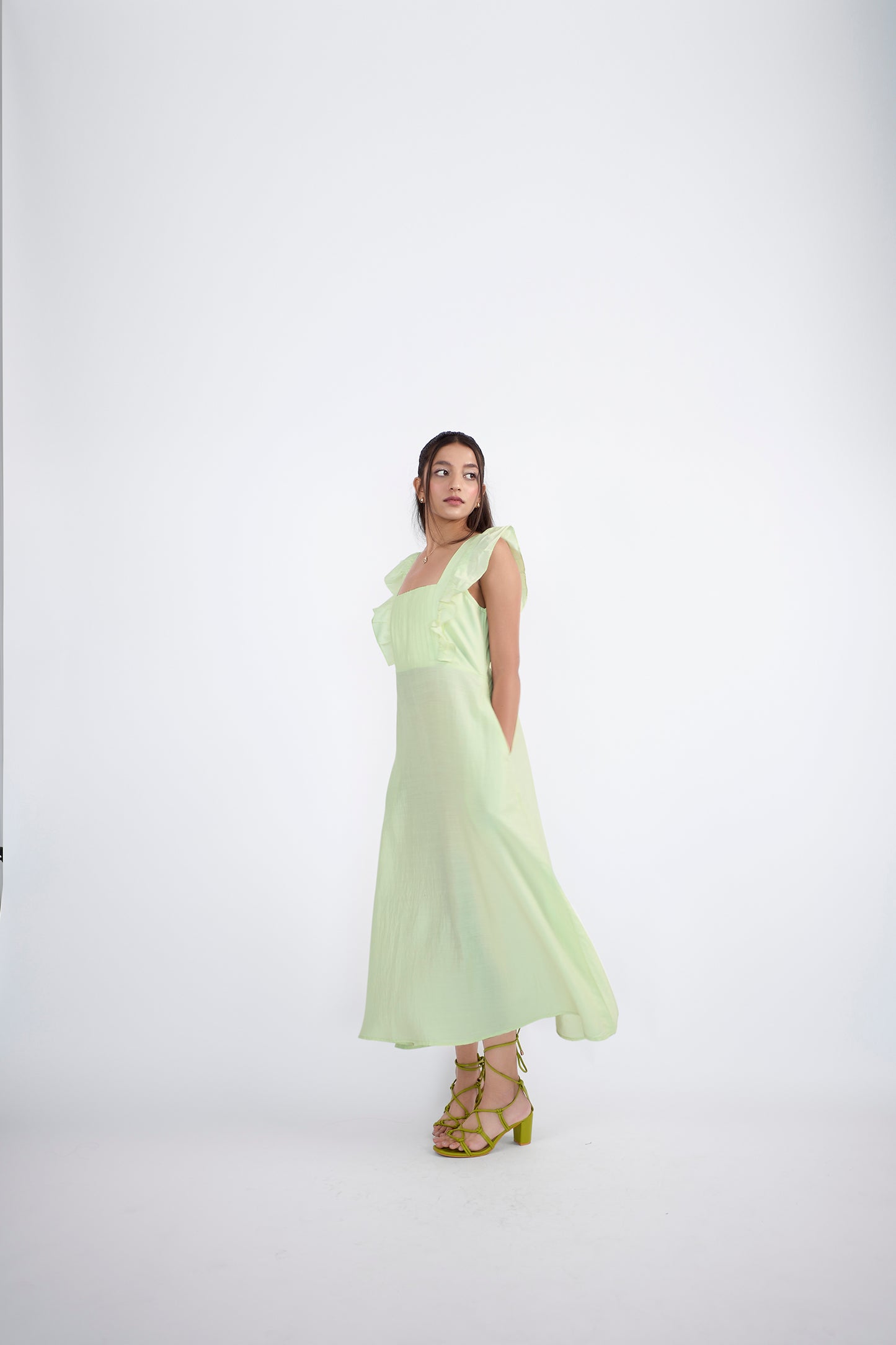 Lemon green square neck midi dress