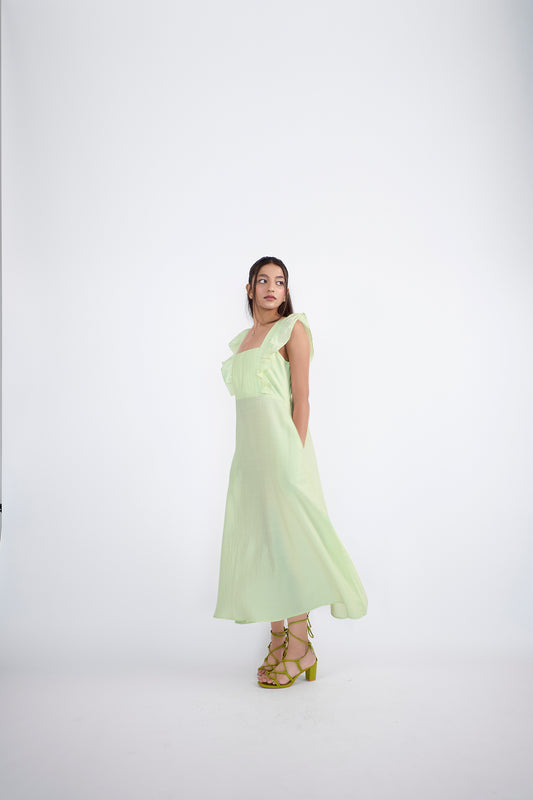 Lemon green square neck midi dress