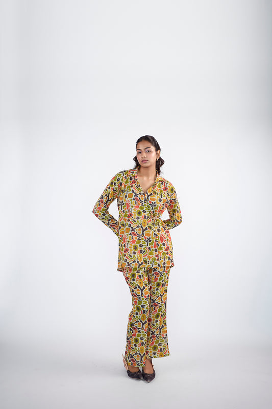 Printed collared shirt with bell-bottom pants