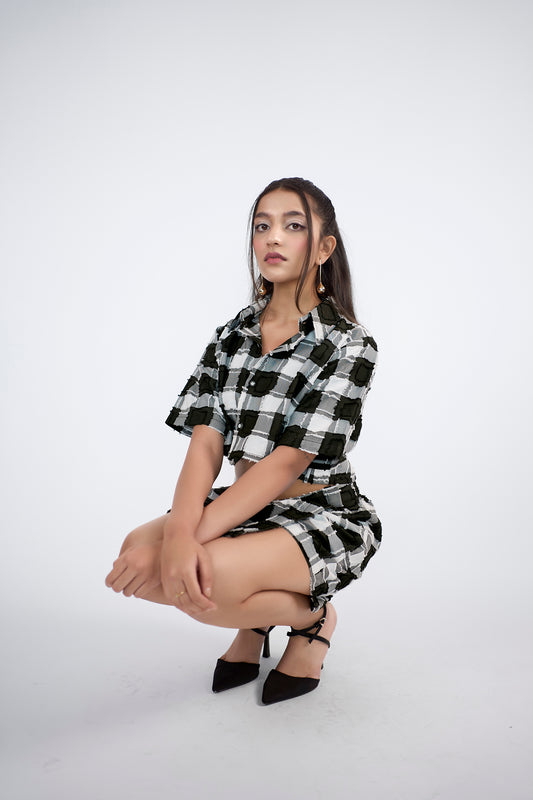 Checker-ed boxy-fit crop shirt paired with a skort