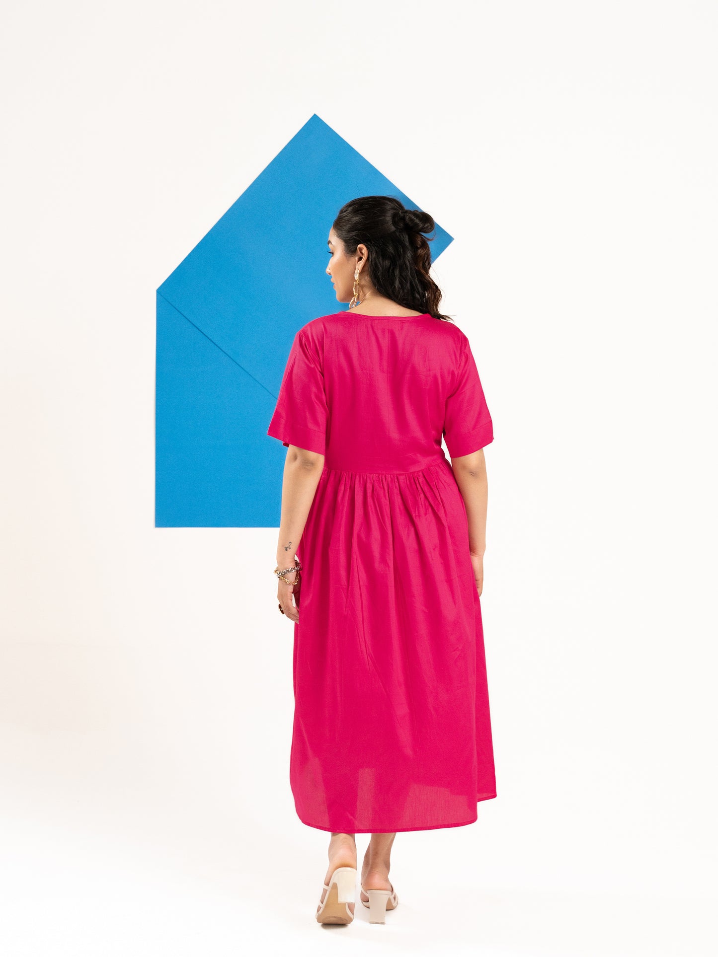 V-neck hot pink casual midi dress