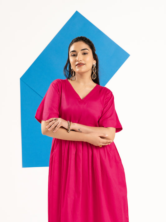 V-neck hot pink casual midi dress