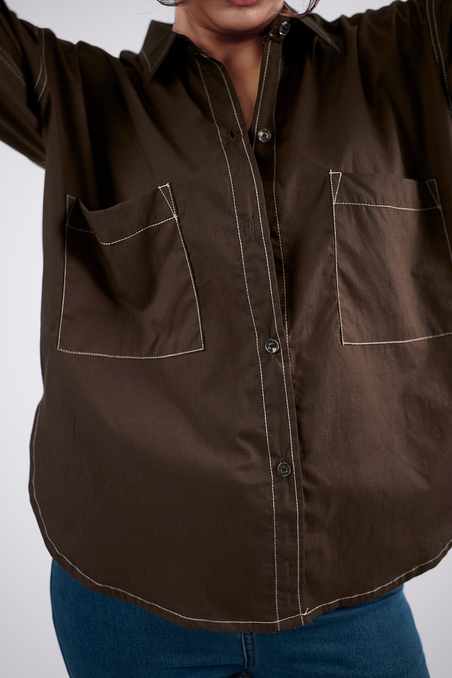 Brown cotton oversized shirt with contrast thread detailing