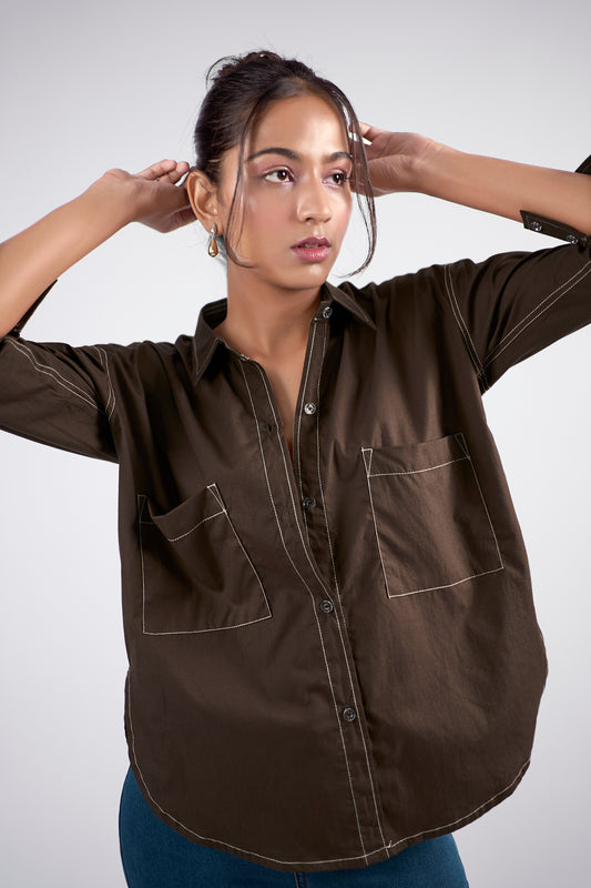 Brown cotton oversized shirt with contrast thread detailing