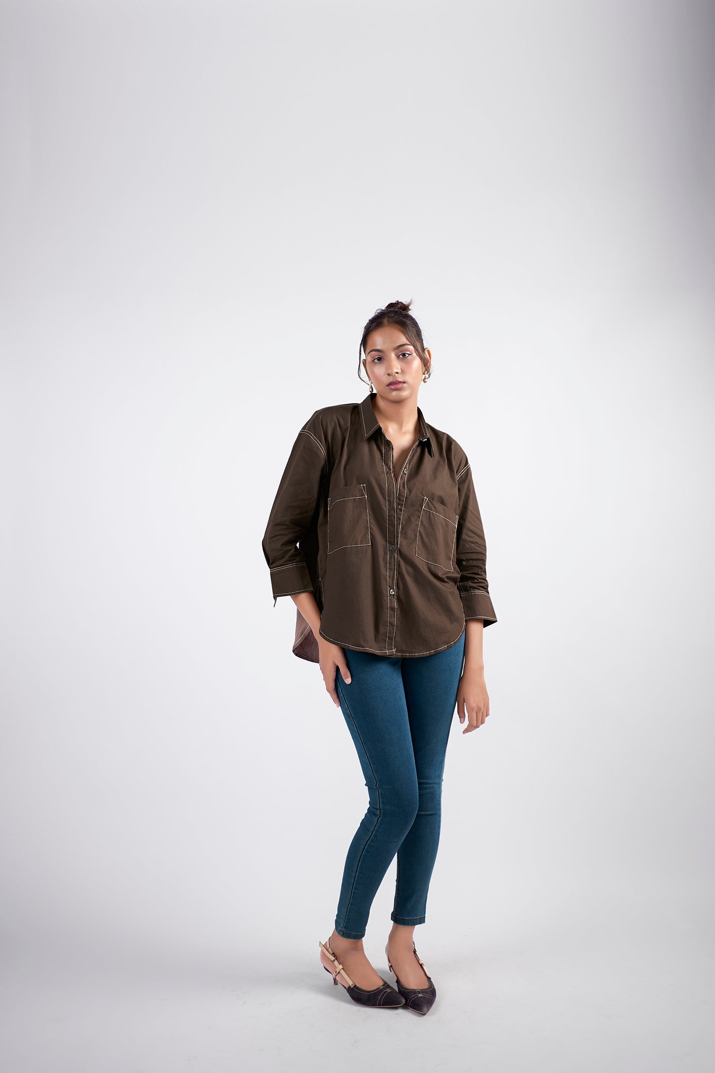 Brown cotton oversized shirt with contrast thread detailing