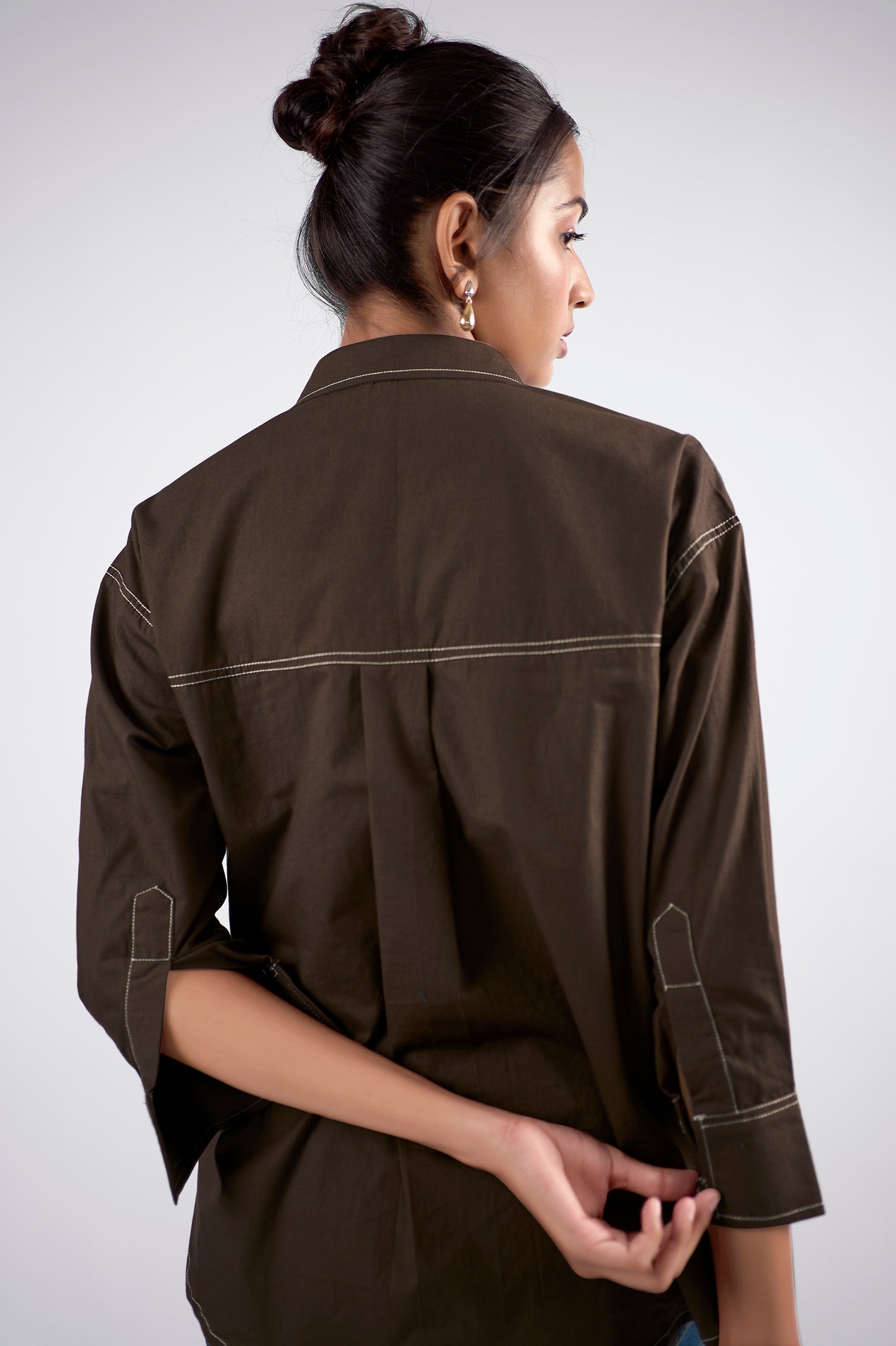 Brown cotton oversized shirt with contrast thread detailing