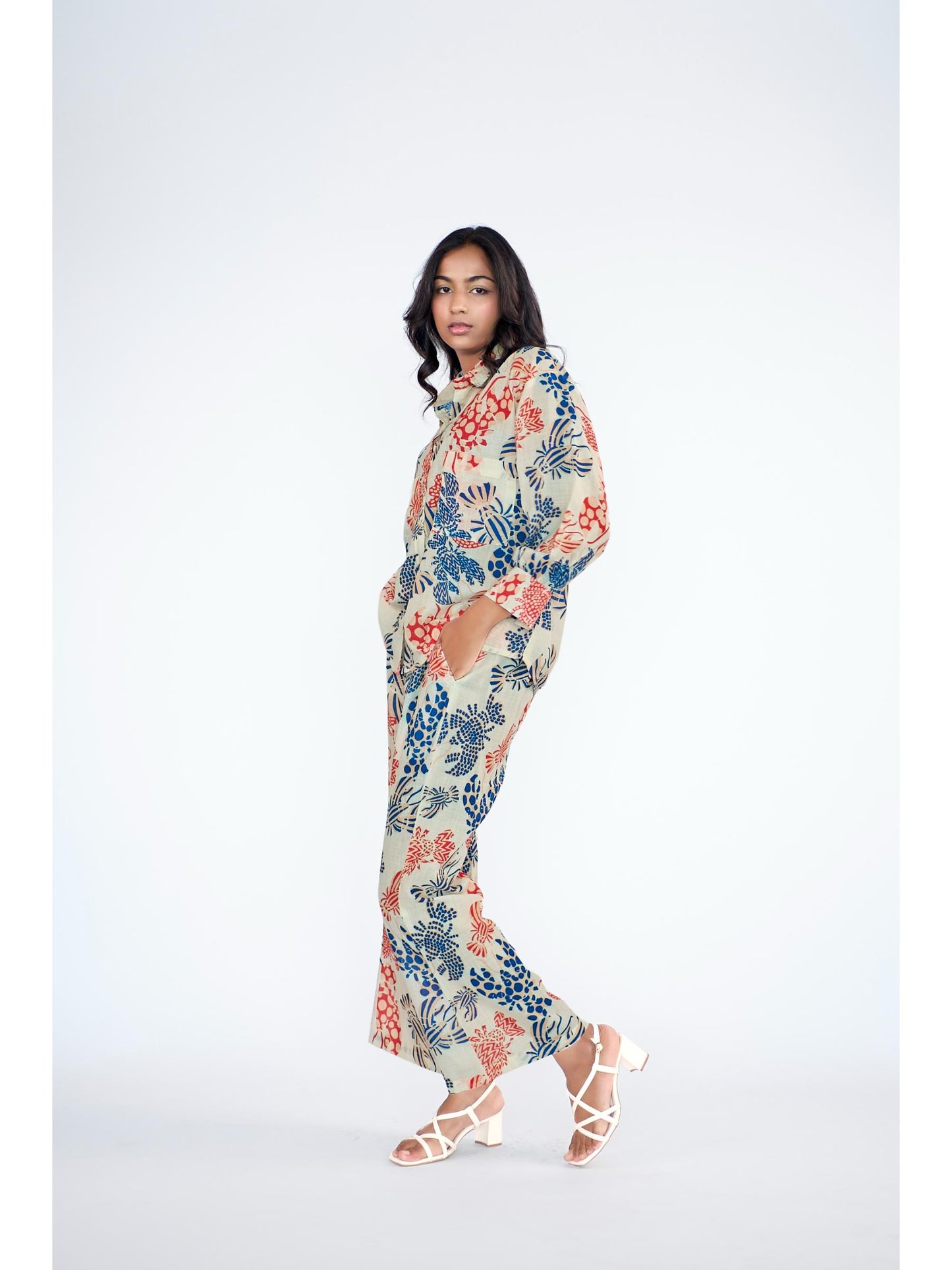 Fun printed elasticated slip-on bell bottom pants , paired with shirt