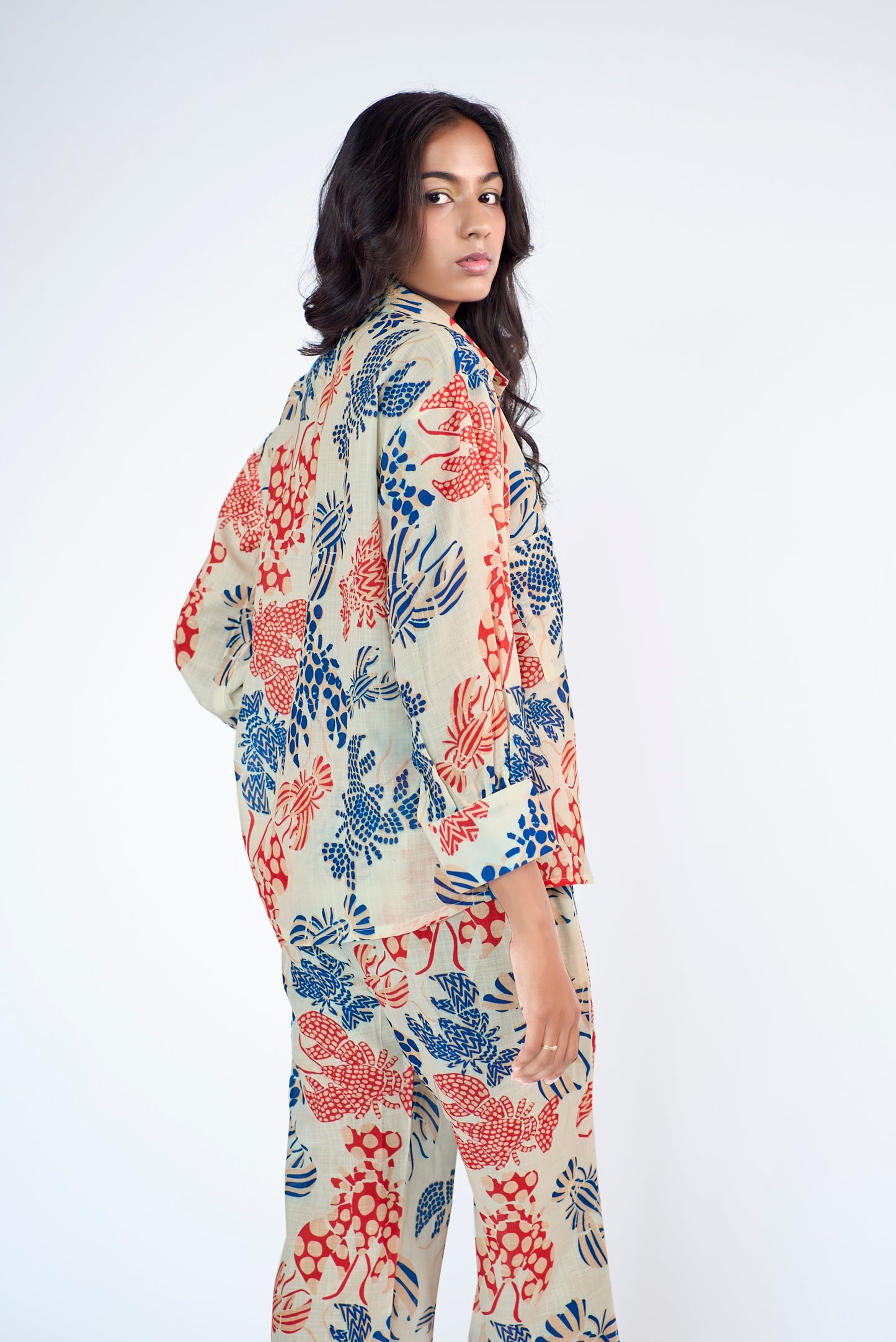 Fun printed elasticated slip-on bell bottom pants , paired with shirt