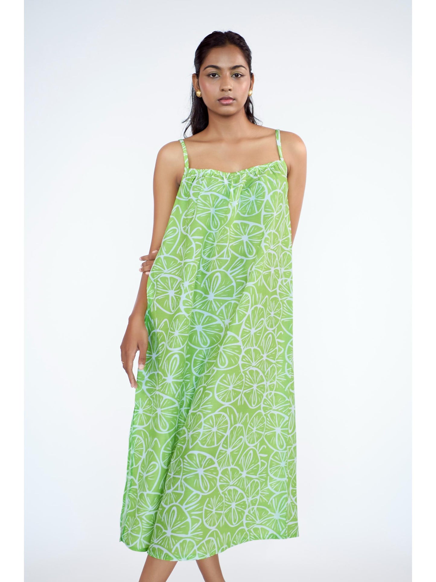 Lemon printed spaghetti long dress