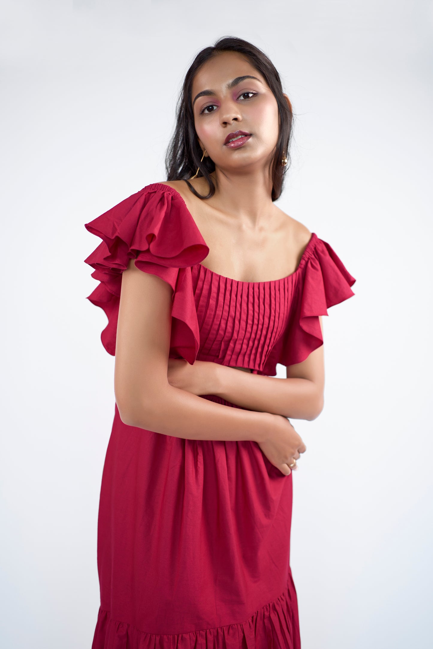 A luxurious flared tiered maxi dress