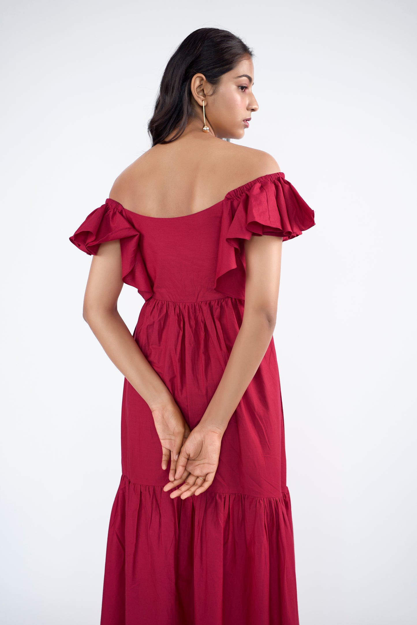 A luxurious flared tiered maxi dress