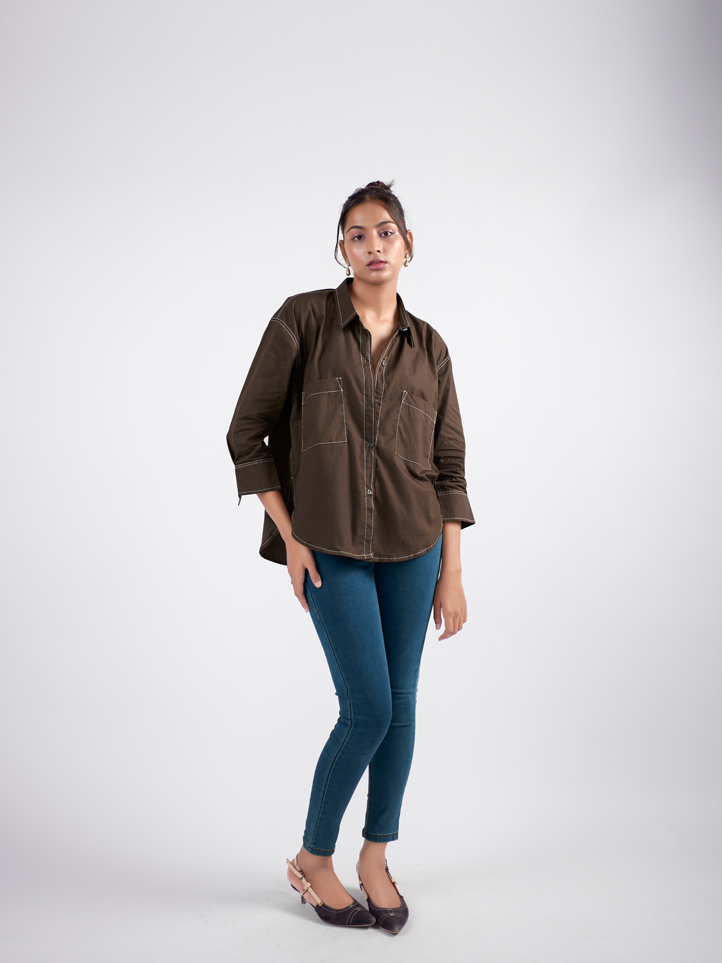 Brown cotton oversized shirt with contrast thread detailing