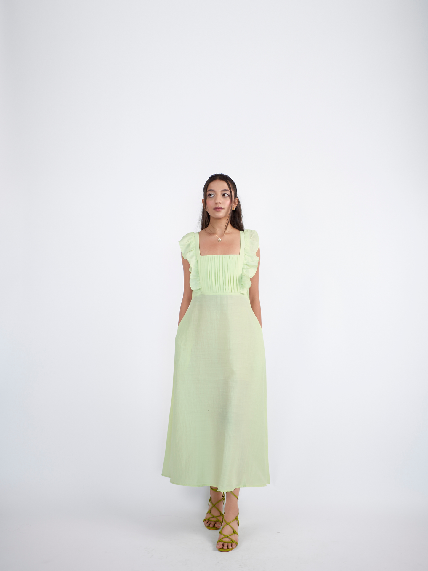 Lemon green square neck midi dress