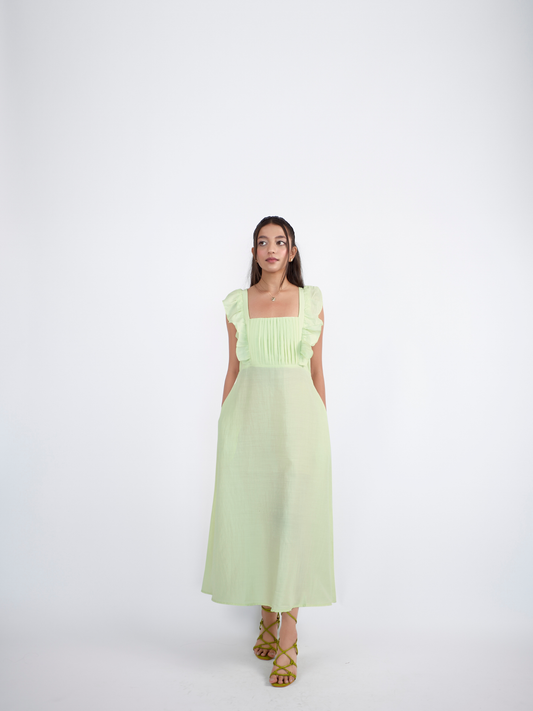 Lemon green square neck midi dress