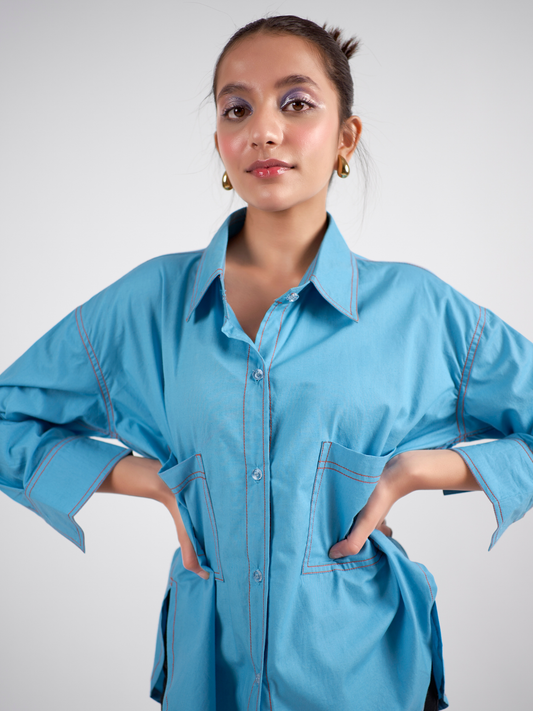 Chalk blue cotton oversized shirt with contrast thread detailing