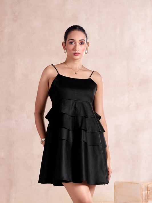 Black Ruffle Tier Cotton Mini Dress