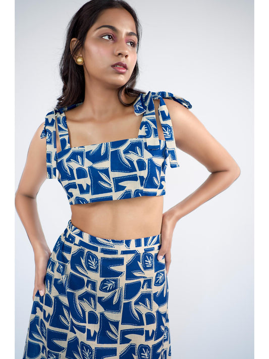 Abstract printed shoulder tie strings top with slip on skirt