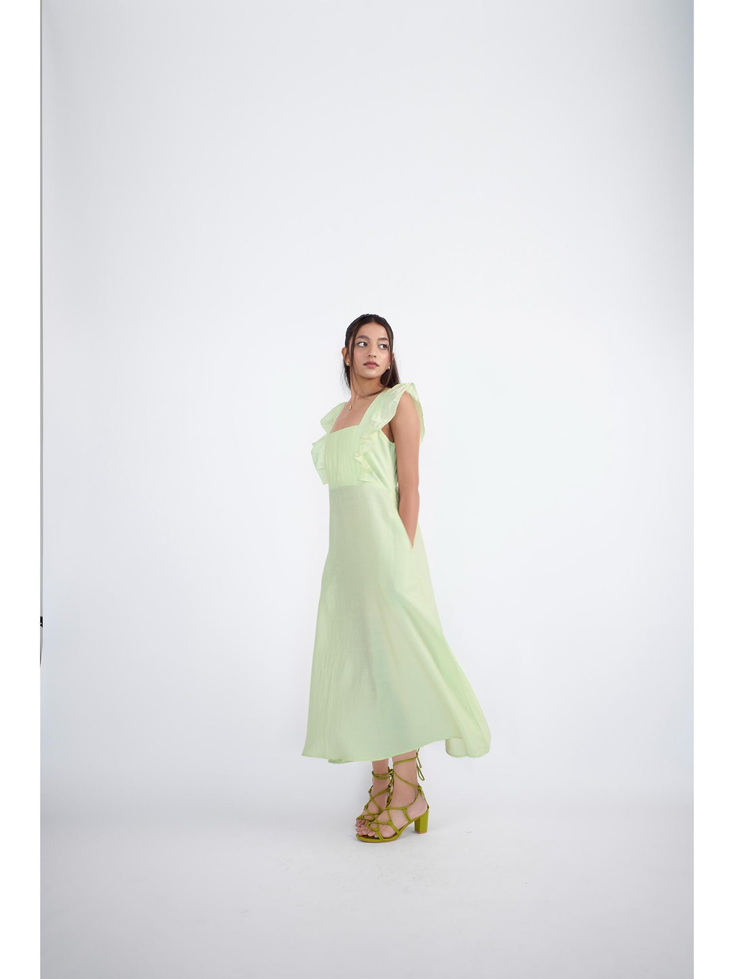 Lemon green square neck midi dress