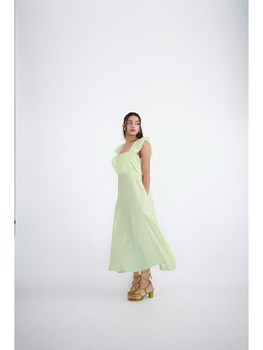 Lemon green square neck midi dress