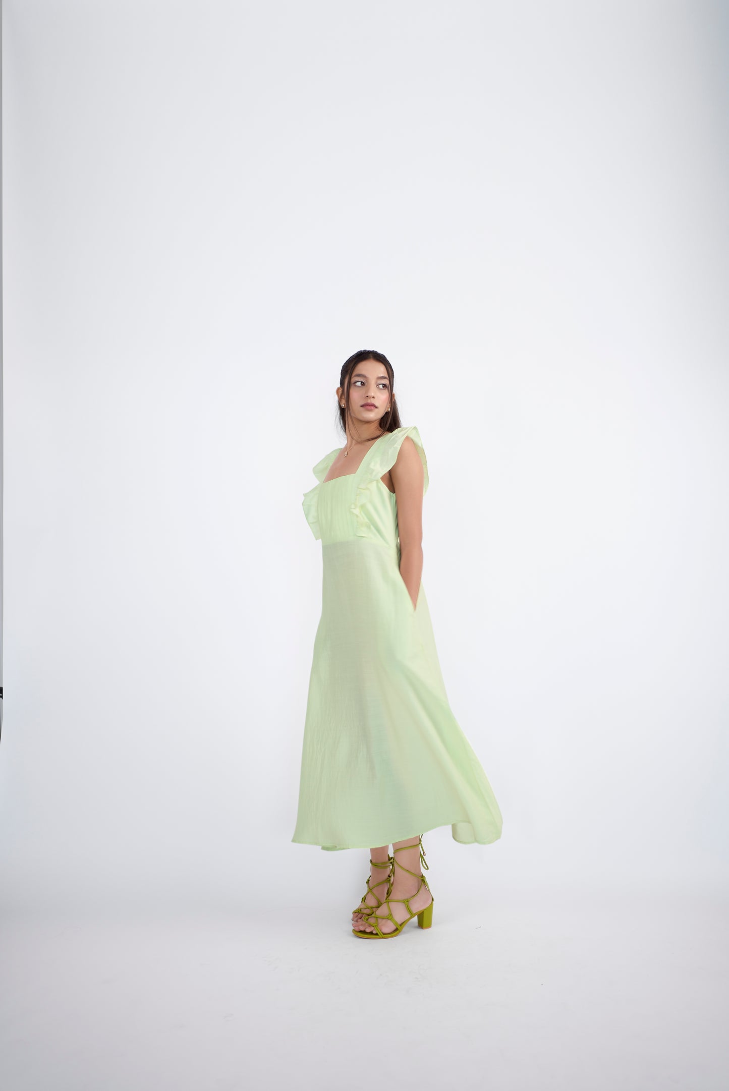 Lemon green square neck midi dress