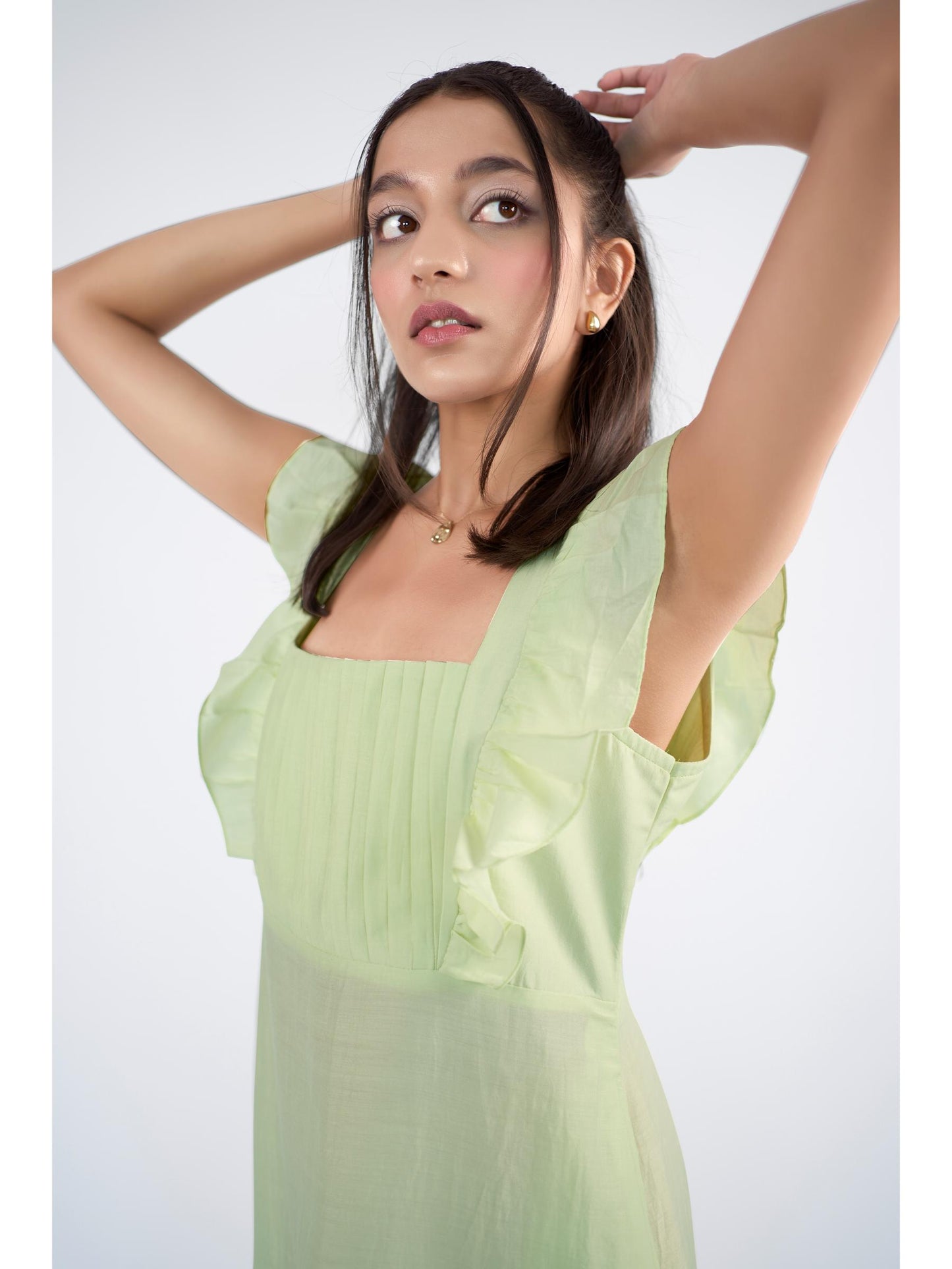 Lemon green square neck midi dress