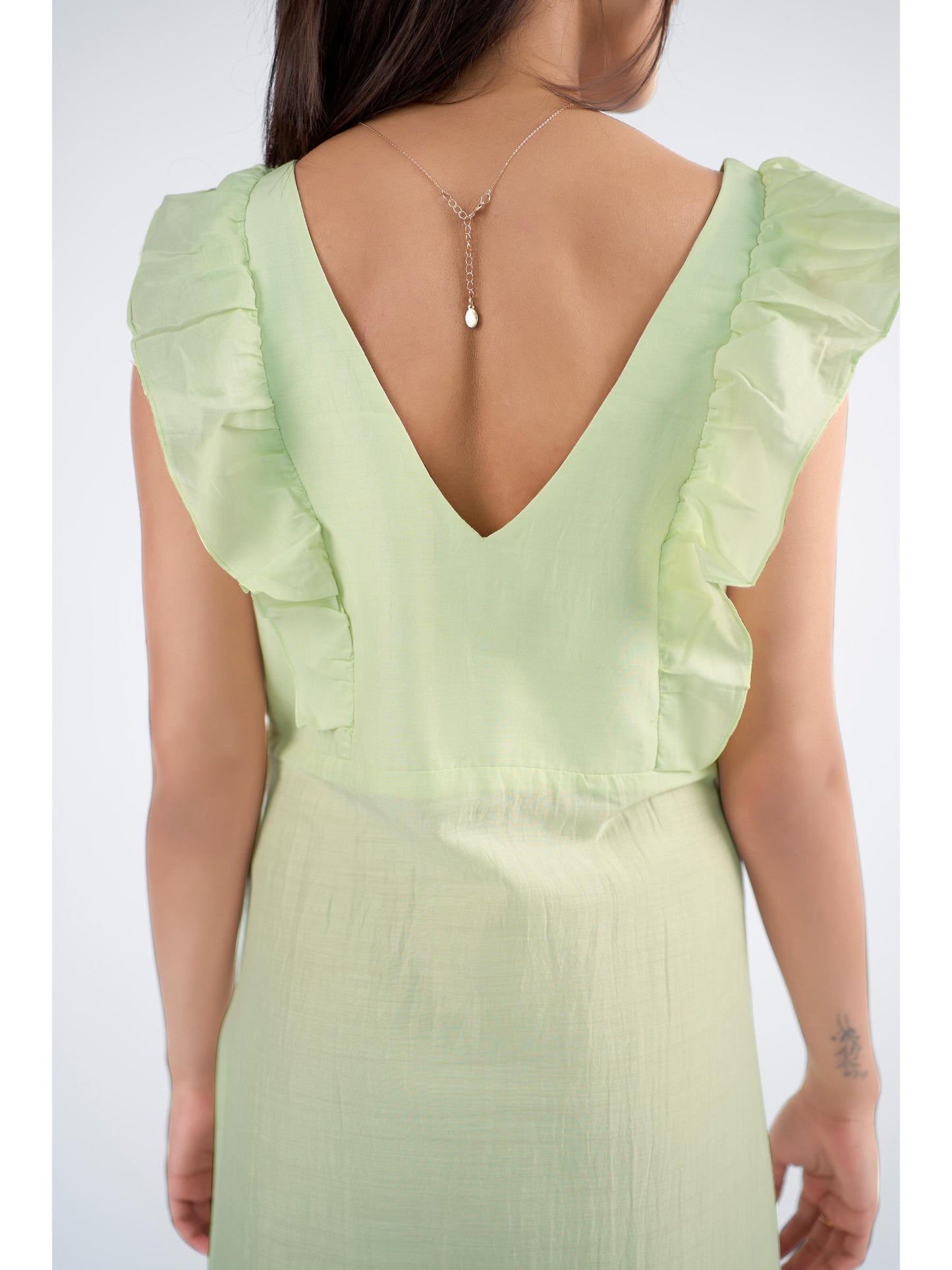 Lemon green square neck midi dress