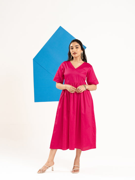 V-neck hot pink casual midi dress