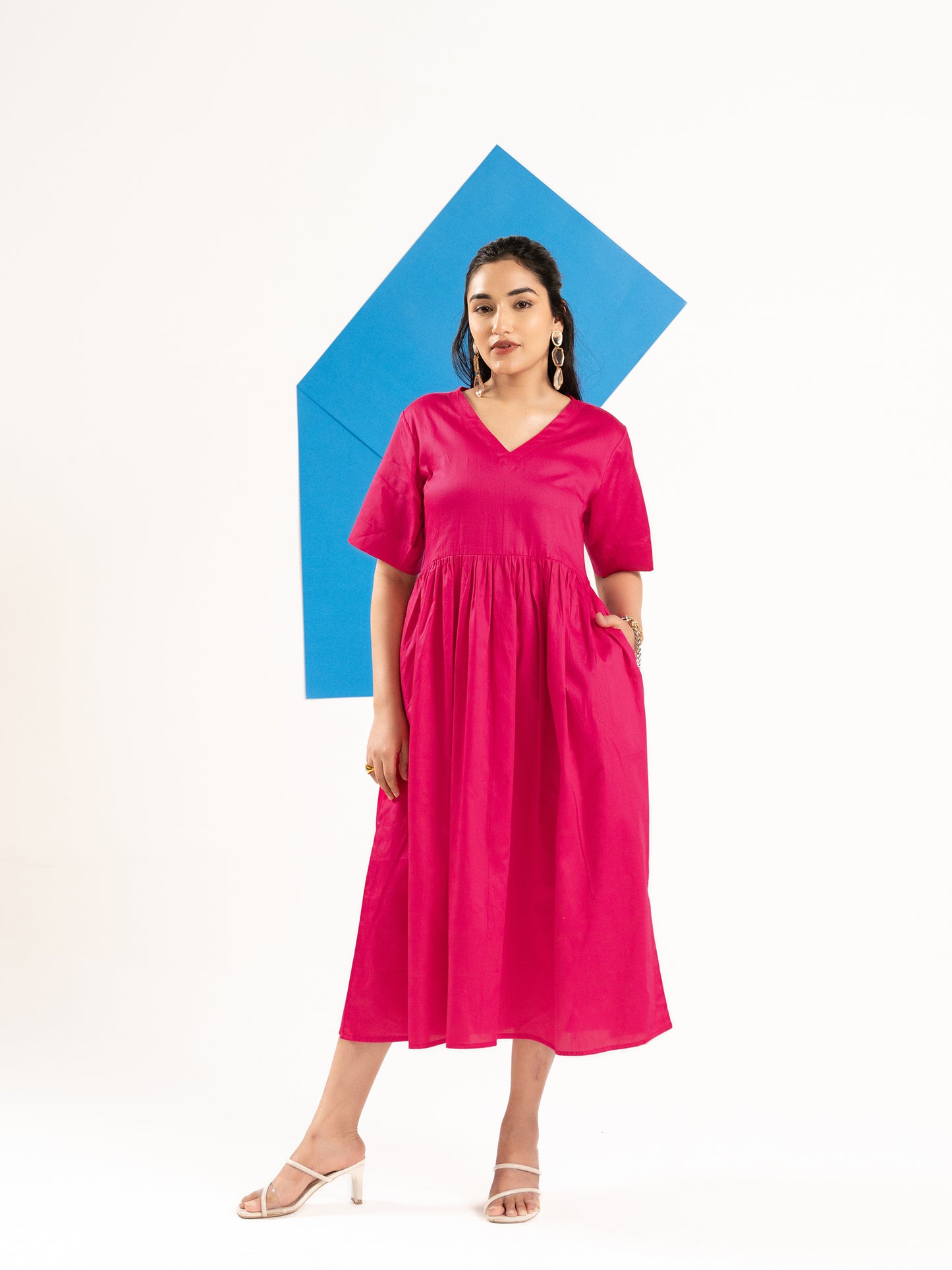 V-neck hot pink casual midi dress