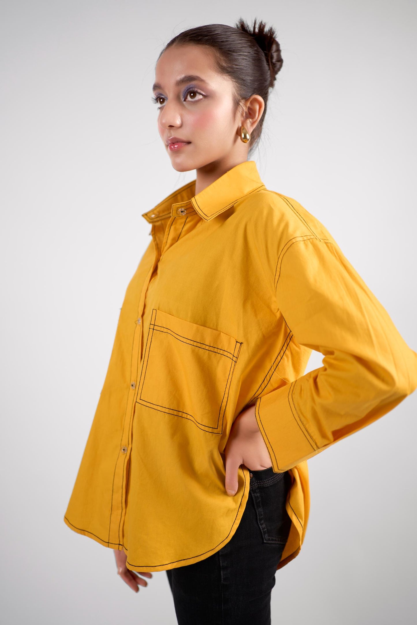Yellow cotton oversized shirt with contrast thread detailing
