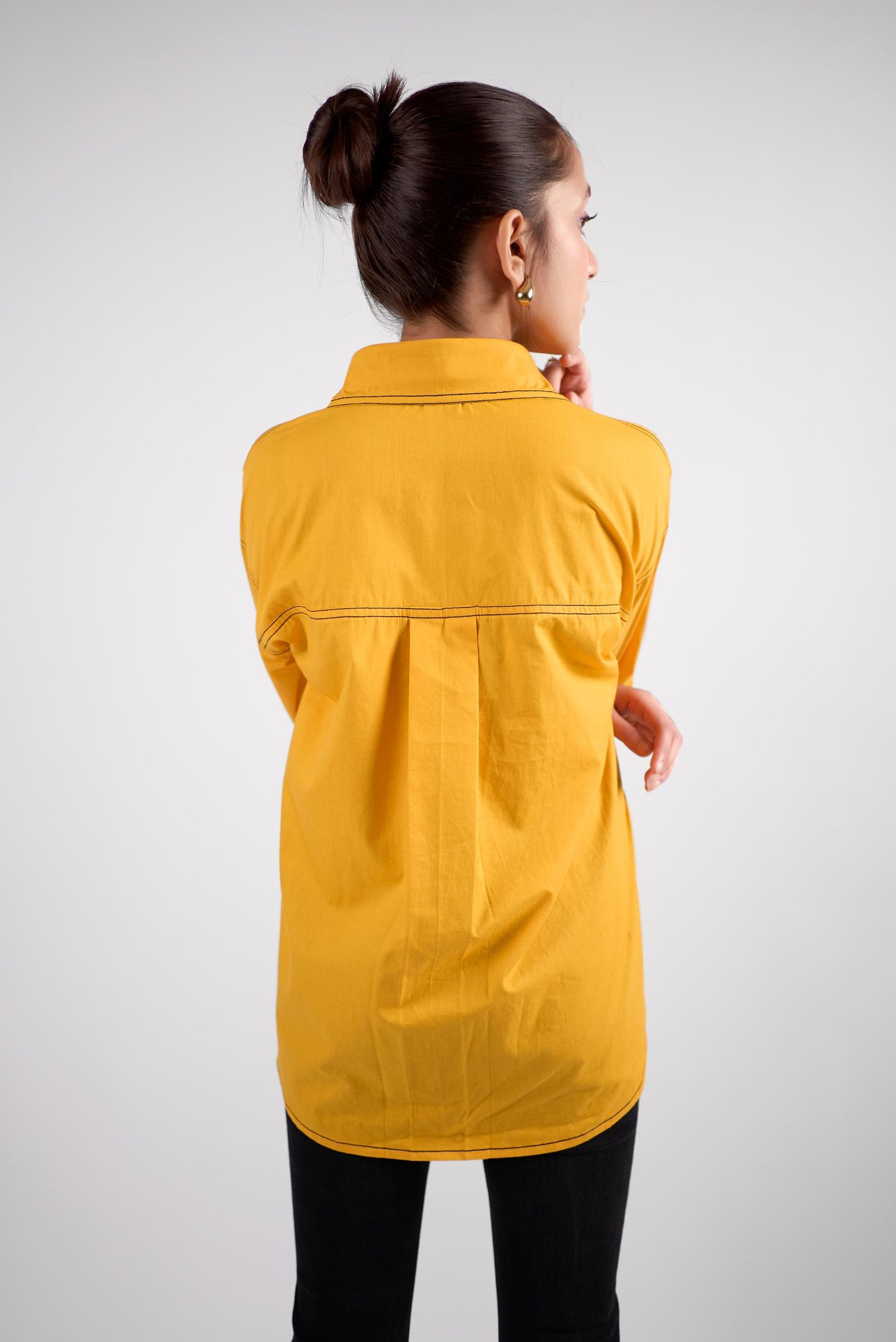 Yellow cotton oversized shirt with contrast thread detailing