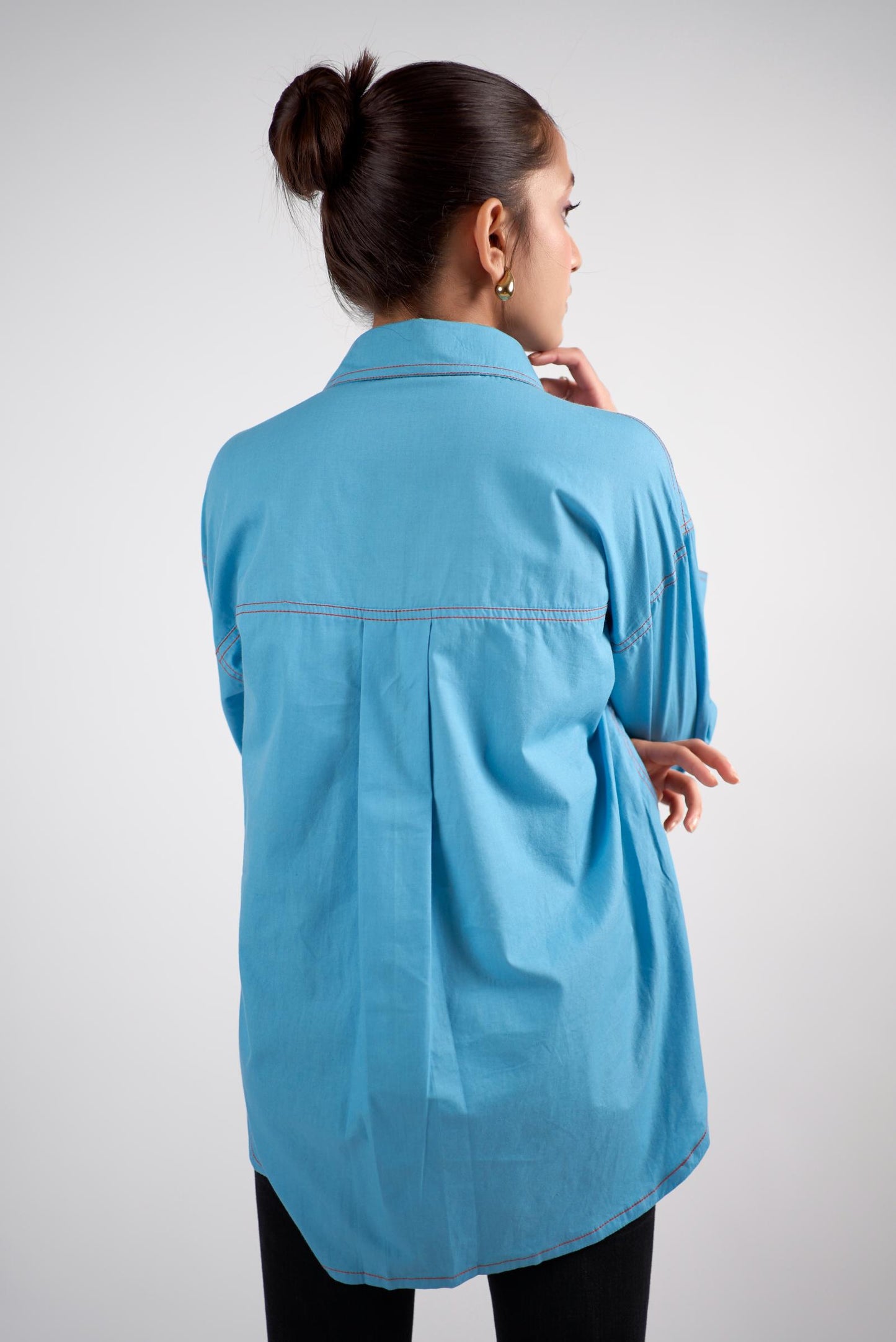 Chalk blue cotton oversized shirt with contrast thread detailing