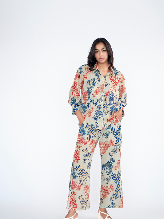 Fun printed elasticated slip-on bell bottom pants , paired with shirt