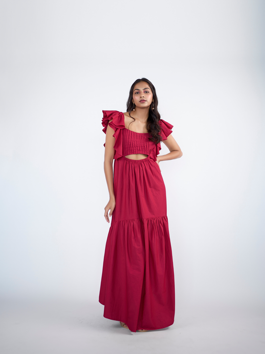 A luxurious flared tiered maxi dress