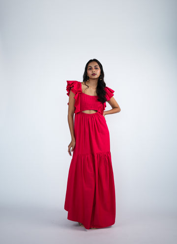 A luxurious flared tiered maxi dress