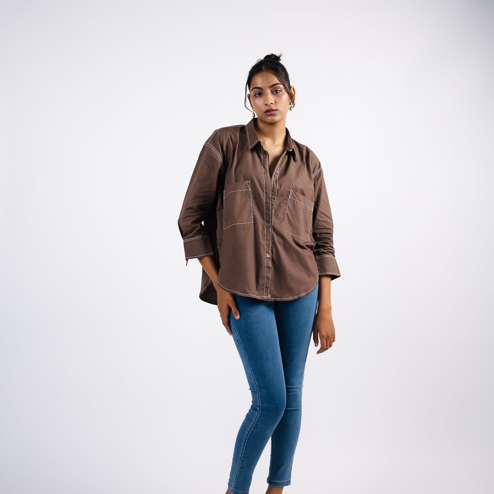 Brown cotton oversized shirt with contrast thread detailing