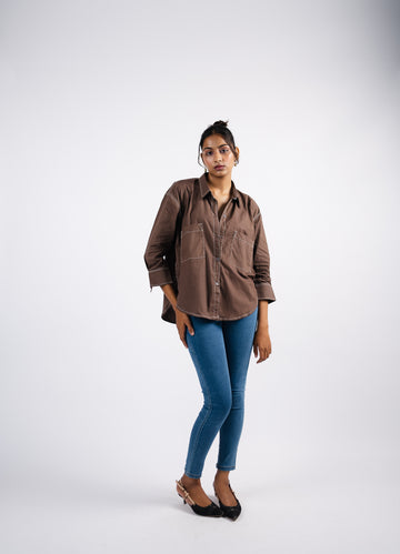 Brown cotton oversized shirt with contrast thread detailing