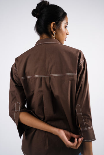 Brown cotton oversized shirt with contrast thread detailing