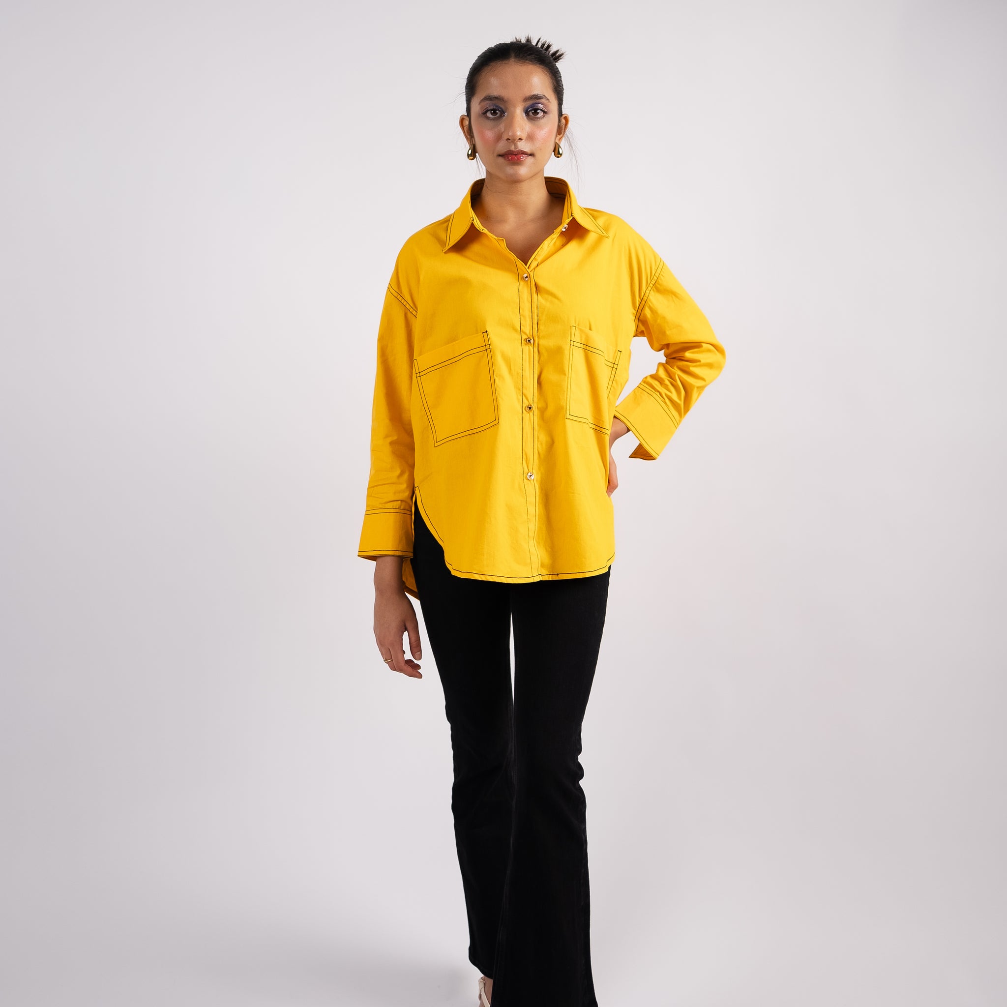 Yellow cotton oversized shirt with contrast thread detailing