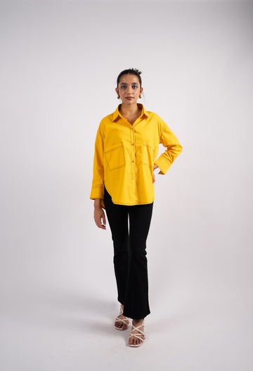 Yellow cotton oversized shirt with contrast thread detailing