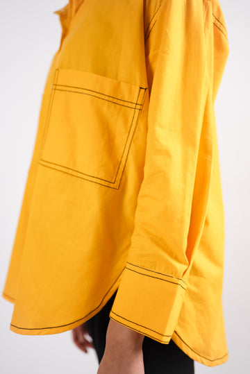 Yellow cotton oversized shirt with contrast thread detailing