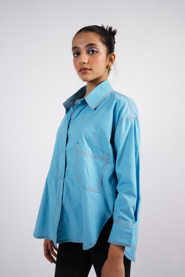 Chalk blue cotton oversized shirt with contrast thread detailing